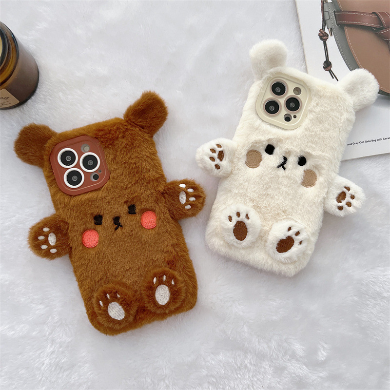 Phone Cases For Iphone 13 - Korean 3D Cartoon Bear Fluffy Plush